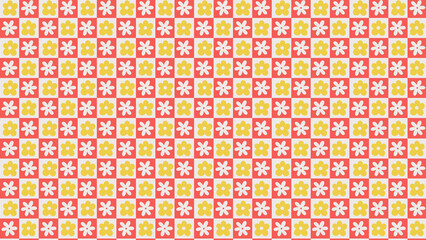 Checkerboard floral pattern background featuring yellow and white flowers on red squares