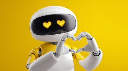 Friendly robot with heart eyes gestures love on bright yellow background