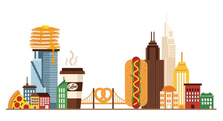 Creative Urban Skyline with Giant American Fast Food Icons.