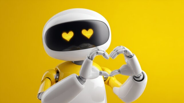 Friendly robot with heart eyes gestures love on bright yellow background - Powered by Adobe