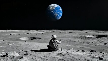 Astronaut on Moon Gazing at Earth, Ideal for Space Enthusiasts and Sci - Fi Fans