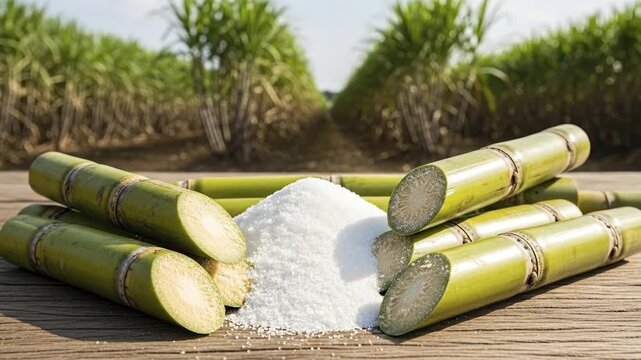 Freshly cut green sugarcane stalks and a heap of white granular sugar rest on a wooden surface with a blurry field of sugarcane plants in the background