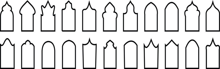 Traditional islamic door and window shapes. Arch window vector set . Arabic muslim architecture design elements, ramadan. Mosque borders or moroccan gates. Vector Arab Elements In Minimal Boho Style .