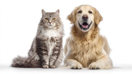 Golden retriever and fluffy gray cat sitting together on white background