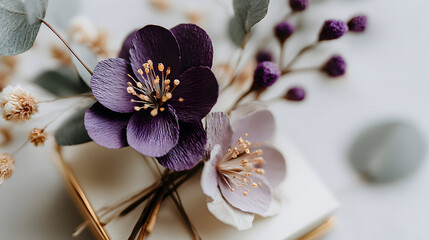 Purple and white artificial flowers arranged on a wrapped gift box.