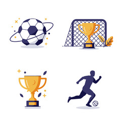 Flat design graphic illustrations of soccer icons including a ball, trophy, goal, and player in motion on a clean white background with a dark blue and gold color scheme.