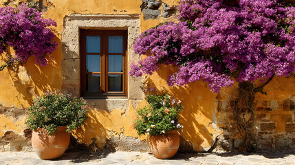 Purple flowers flanking a window on a yellow building