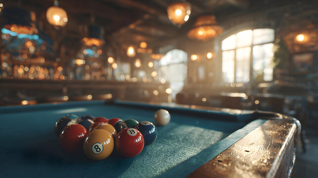 Pool balls on a pool table in a dimly lit bar.