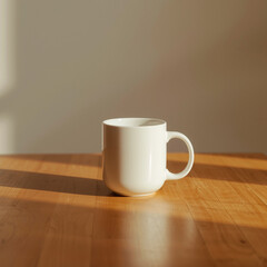 Taza de café caliente sobre un escritorio moderno de madera suave luz del sol de la mañana, estética minimalista, sin texto, espacio maqueta © tina