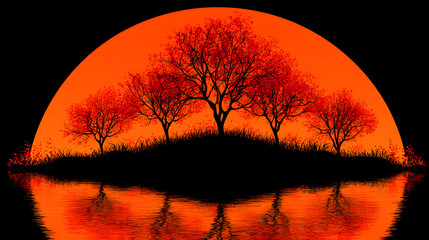 Silhouetted trees on a small island reflected in water, with a large orange circle behind them.