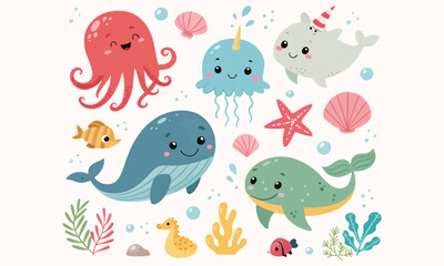 Cute Sea Animal Clipart And Narwhal, Whale, Octopus, Jellyfish, Turtle and Starfish Vector Set

