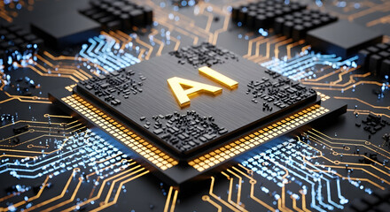 Gold AI letters on a powerful black CPU chip with glowing orange and blue circuit pathways.