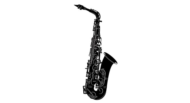 Black Saxophone Silhouette Against White Background.
