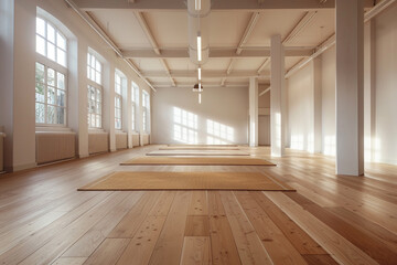Obraz premium Estudio de yoga vacío, luz natural brillante, suelo de madera, estética minimalista, sin personas, sin logotipos