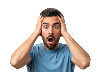 Man with shocked expression holding his head isolated on transparent background