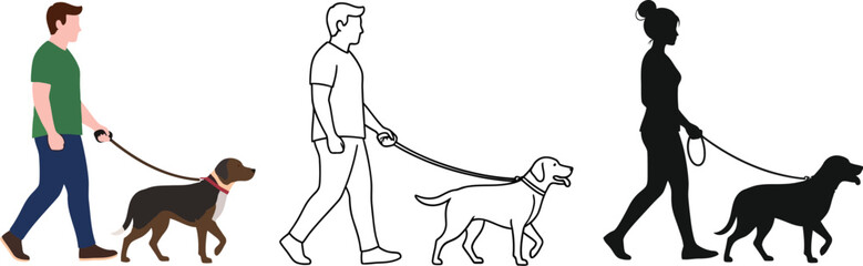 Dog walking illustration vector art pet owner dog leash walkies