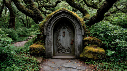 Stone door in a mossy forest setting.