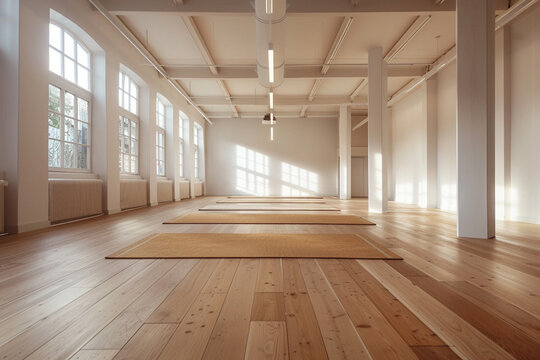 Estudio de yoga vac&iacute;o, luz natural brillante, suelo de madera, est&eacute;tica minimalista, sin personas, sin logotipos