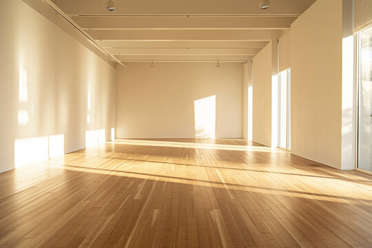 Estudio de yoga vac&iacute;o, luz natural brillante, suelo de madera, est&eacute;tica minimalista, sin personas, sin logotipos