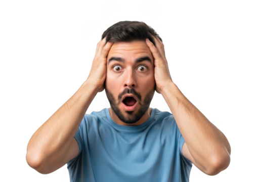Man with shocked expression holding his head isolated on transparent background