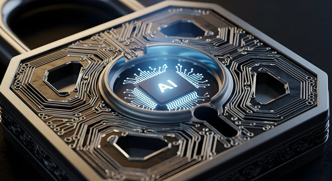 Close-up of a futuristic, high-security padlock with an integrated AI chip glowing in the center. - Powered by Adobe