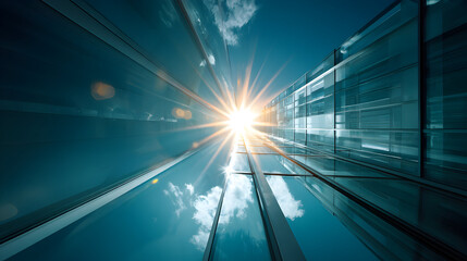 Sunlight shining through a glass corridor between buildings.