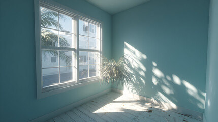 Sunlight streams into a corner of a room with light teal walls and a window.