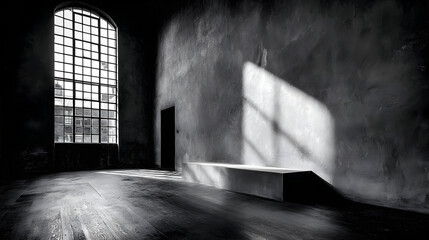 Sunlight illuminating a dark room with a large window and a stone bench.