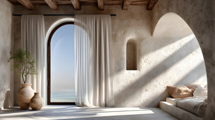 Sunlight streams into a room with arched windows and neutral-toned decor.