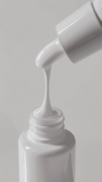 Botella cosm&eacute;tica minimalista que vierte suero, superficie brillante, iluminaci&oacute;n de estudio suave