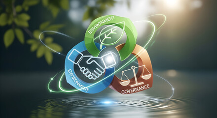 ESG concept image with interconnected symbols for Environment, Social, and Governance floating over water.