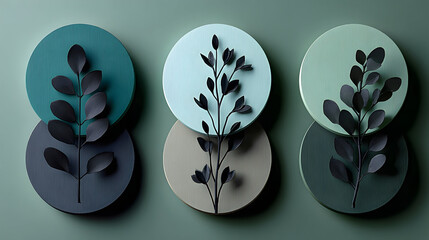 Three circular wall decorations with pressed leaves.