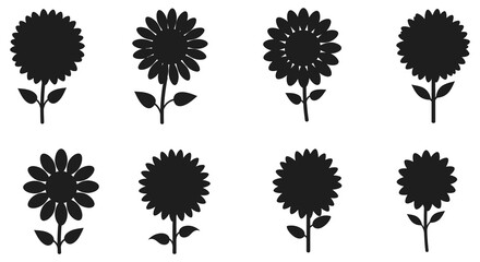 Black and white illustration of various sunflower silhouettes on white background