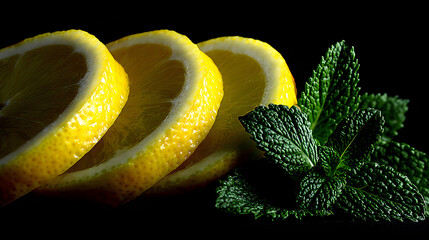 Three lemon slices and mint leaves on a dark background.