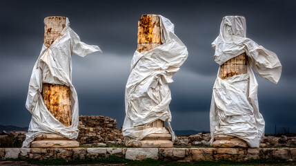 Three statues draped in white fabric outdoors under a stormy sky.