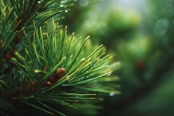 Close-up of dew-covered pine needles in vibrant natural light