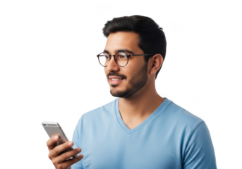 Man wearing glasses holding a smartphone isolated on transparent background