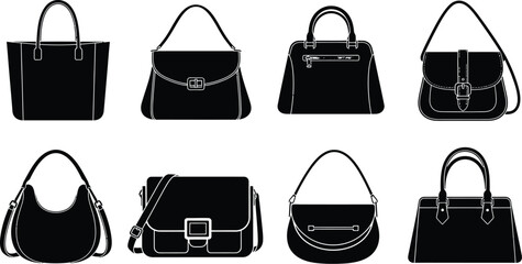 Various types of fashion handbags and purses black silhouette set