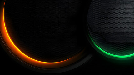 Two glowing crescent shapes, orange and green, on a dark background.