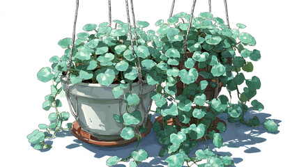 Two hanging plants in light gray pots, outdoors in sunlight.