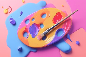 Artists Palette with Colorful Paints and Brush Creates Vibrant Still Life