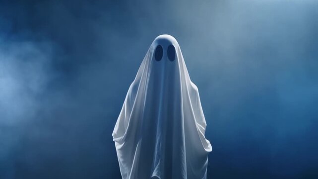 4K cinematic video of a ghostly figure wrapped in white cloth floating slowly across a seamless midnight blue background with glowing mist spooky shadows and high clarity ideal for Halloween horror tr
