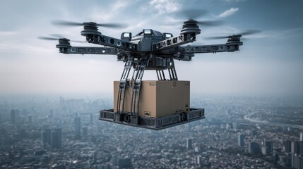 Autonomous delivery drone transporting cargo over urban cityscape skyline