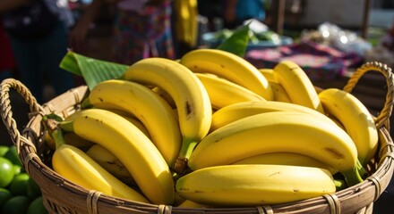 A basket brimming with ripe yellow bananas at an outdoor market