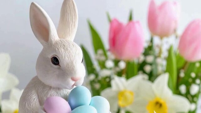 Easter porcelain bunny with egg basket and spring floral arrangement. cute	
