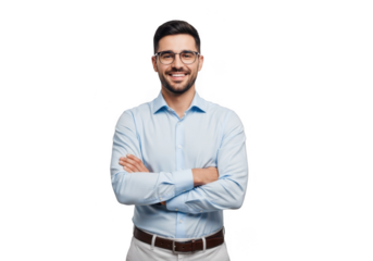 Smiling man with glasses arms crossed isolated on transparent background