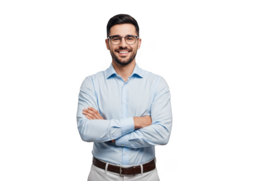 Smiling man with glasses arms crossed isolated on transparent background