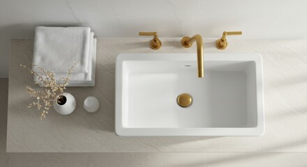 A top-down view of a bathroom sink and towels.