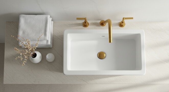 A top-down view of a bathroom sink and towels.