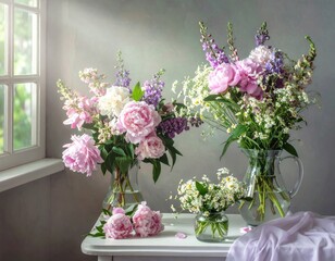 Different types of vases with colorful flowers on table in the florist shop
2
